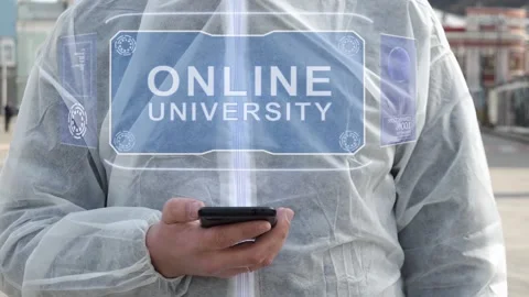 Man in white uses holographic text Online university Stock Footage 130282672