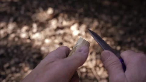 A man whittling a stick while camping Video stock 243373141