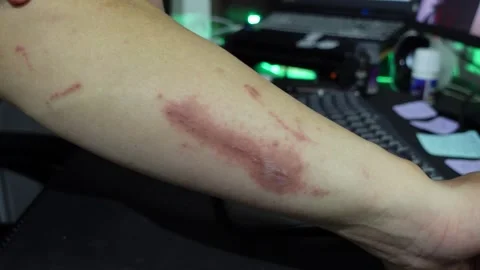A man who feels angry because of itchy skin which causes red irritation on .. Stock Footage 320217668
