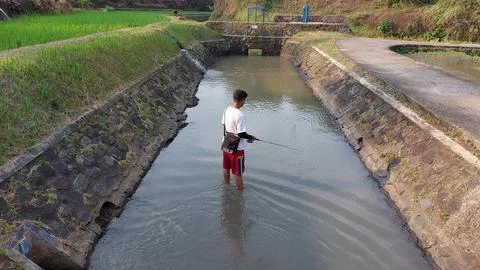 A man who is fishing using a casting technique in a river Stock Photos
