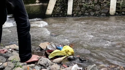 A man who is picking up trash in the river, social issues concept Stock Footage 222731745