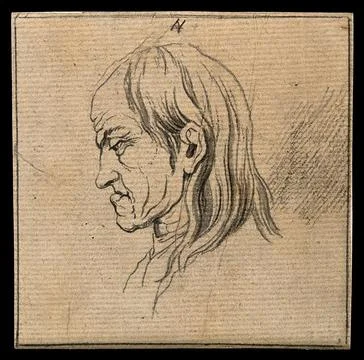 A man whose face exemplifies the melancholy temperament. Drawing, c. 1789. Stock Illustration