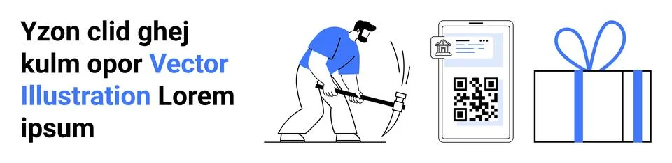 Man wielding pickaxe, mining cryptocurrency, QR code on smartphone representi 스톡 일러스트