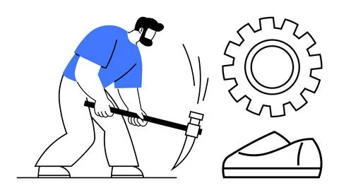Man wielding sledgehammer, large gear symbol, and shoe. Ideal for manufacturi Stock Illustration