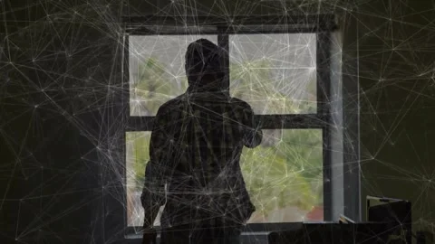 Man at window answering call, raising hand holding phone while web overlay Stock Footage 330258800