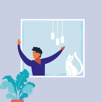 Man at the window doing dance exercises at home Illustrazione stock