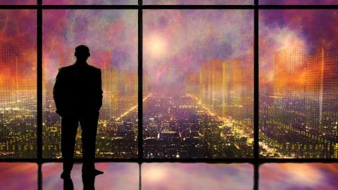 Man in window looking at digital city skyline Stock Illustration