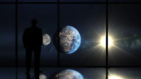 Man in window looking at planet earth Stock Illustration