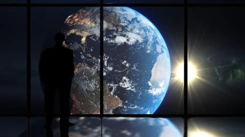 Man in window looking at planet earth Stock Illustration