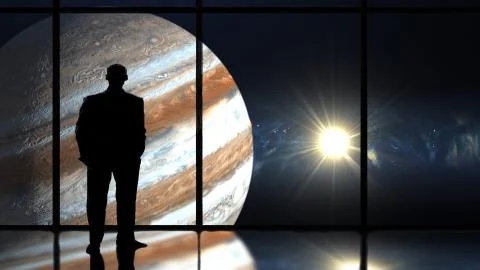 Man in window looking at planet Jupiter Stock Illustration
