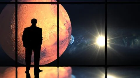 Man in window looking at planet Mars Stock Illustration
