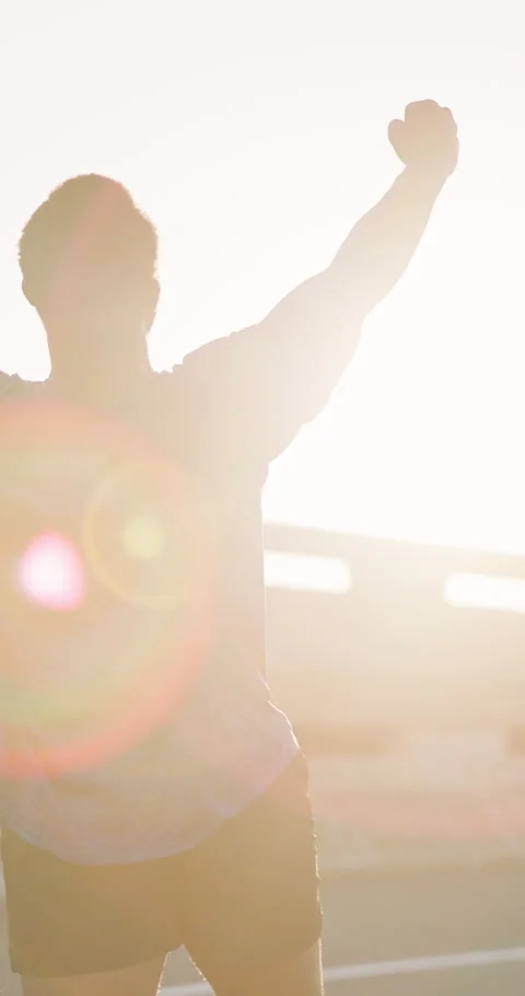 Man, winner and sunset running, fitness and lens flare by achievement and Stock Footage 251747958
