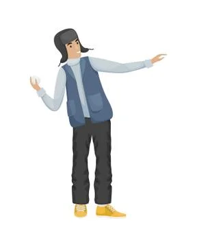 A man in winter clothes and a hat throws a snowball. Winter entertainment. Fl Stock-Illustration