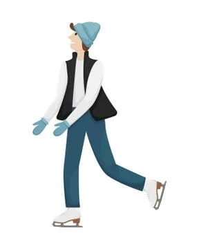 A man in winter clothes and hat skating on the ice. Winter entertainment. Fla Illustrazione stock