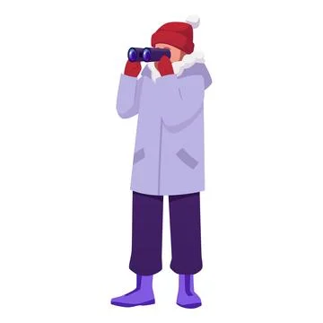 A man in winter clothes, jacket, pants, boots, and a hat looks through Stock Illustration