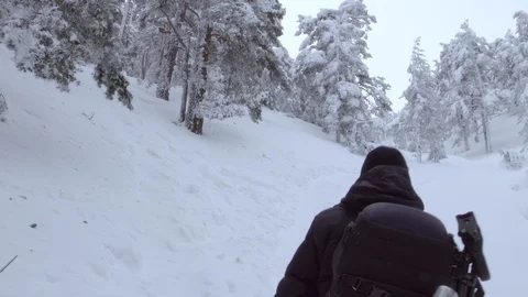 Man into winter forest. Stock Footage 86223065