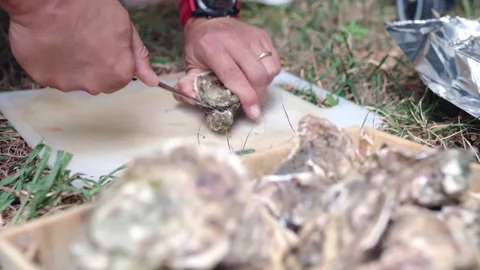 Man without gloves opening oyster shell with cooking knife on cooking board Stock Footage 161783965