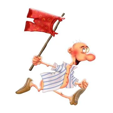 A man without pants is running with an impromptu flag. Caricature illustratio Illustrazione stock