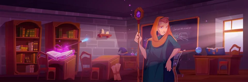 Man wizard in magic school classroom Stock Illustration