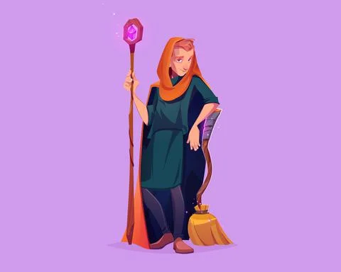 Man wizard with magic staff and broom Stock Illustration