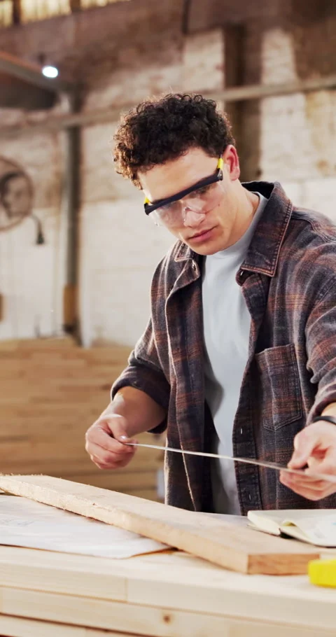 Man, woodworker and ruler in workshop with plank, measurement and design process Stock Footage 340779454
