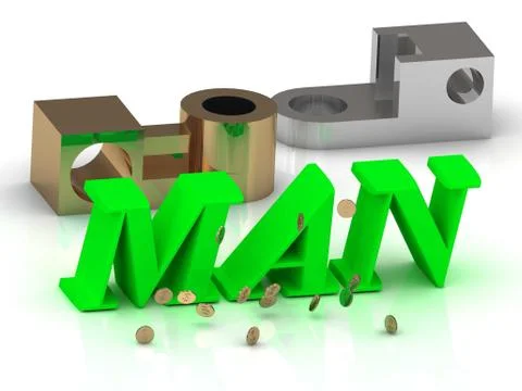 MAN - words of color letters and silver details and bronze details on white b Stock Illustration