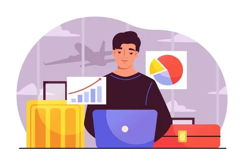 Man work at airport. Young guy with laptop with graphs and diagrams at airport Stock Illustration