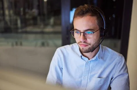Man, work and crm with reflection on glasses in office for telemarketing with Foto stock