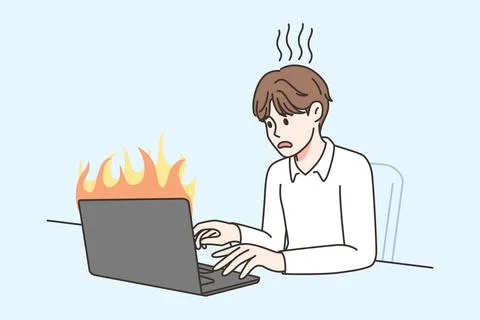 Man work on burning computer Illustrazione stock