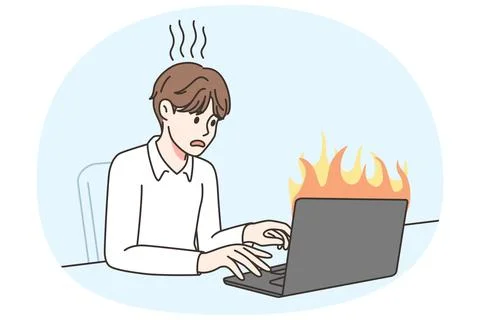 Man work on burning computer Stock Illustration