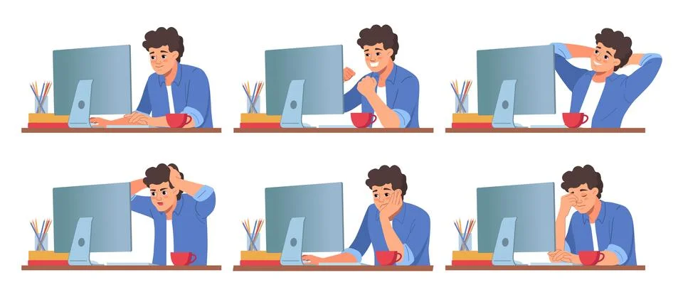 Man work character. Computer at desk, young male employee working on laptop, sad Illustrazione stock