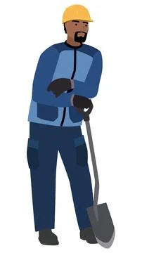 Man in work clothes and hard hat stands leaning on shovel, isolated on white. Stock Illustration