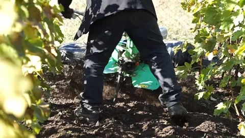 A man in work clothes digging the ground with a mini-cultivator. Stock Footage 99794674