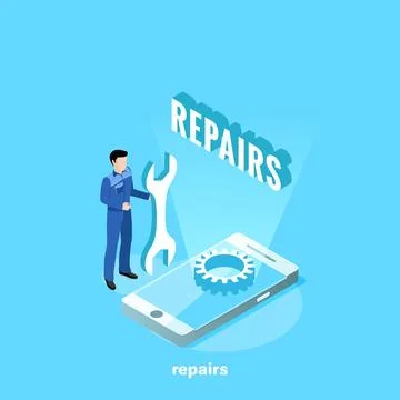 A man in work clothes with a spanner is standing near the smartphone on the s Stock Illustration