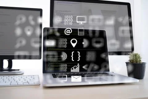 Man work Coding software developer programmer is coding on a desktop computer Foto stock