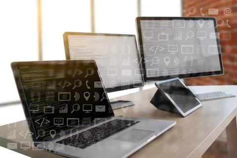 Man work Coding software developer programmer is coding on a desktop computer Foto stock