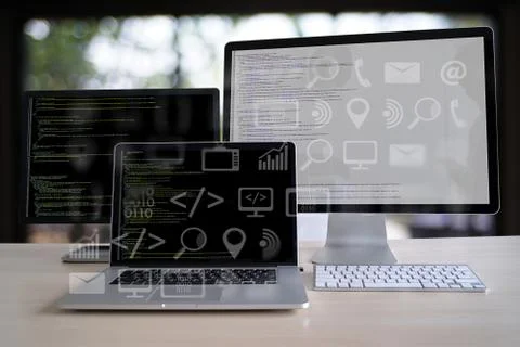 Man work Coding software developer programmer is coding on a desktop computer 스톡 사진