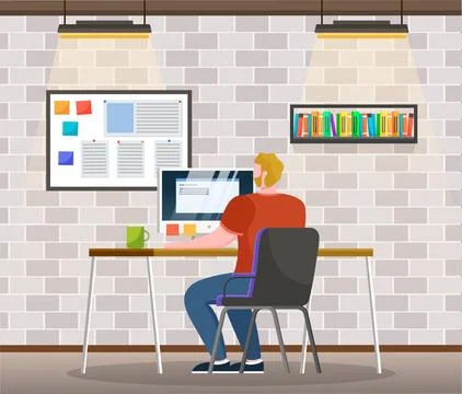 Man Work on Computer, Board with Notes and Tasks Stock Illustration