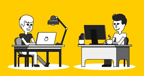 Man Work with Computer Design Flat Stock Illustration