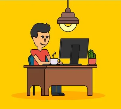 Man Work with Computer Design Flat Illustrazione stock