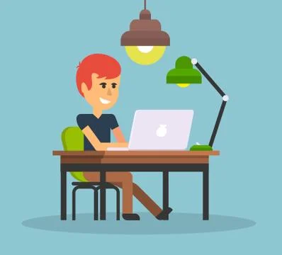 Man Work with Computer Design Flat イラスト素材