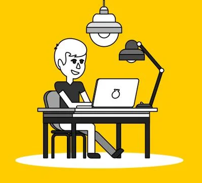 Man Work with Computer Design Flat 스톡 일러스트