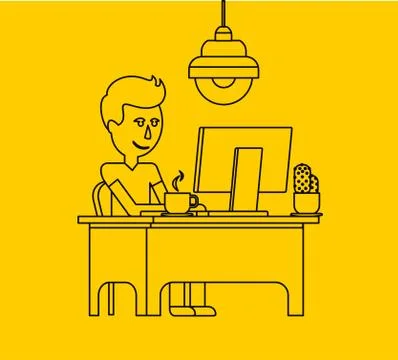 Man Work with Computer Design Flat イラスト素材