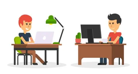 Man Work with Computer Design Flat Illustrazione stock