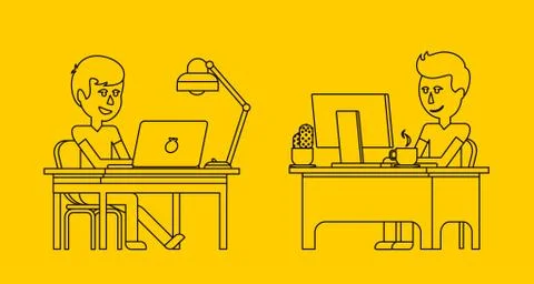Man Work with Computer Design Flat Illustrazione stock