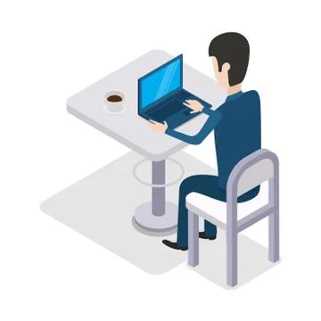 Man Work with Computer Design Flat. Cup of Coffee Illustrazione stock