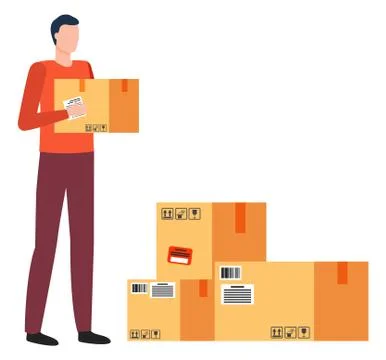Man Work as Courier at Post Office, Parcel Boxes Stock Illustration
