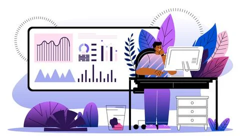 Man work with graphs. Businessman sitting at computer near charts and diagrams Stock Illustration