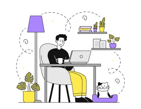 Man work from home. Freelancer and remote worker sitting with laptop. Developer 스톡 일러스트
