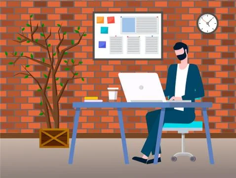 Man Work on Laptop, Board with Notes and Tasks Stock Illustration